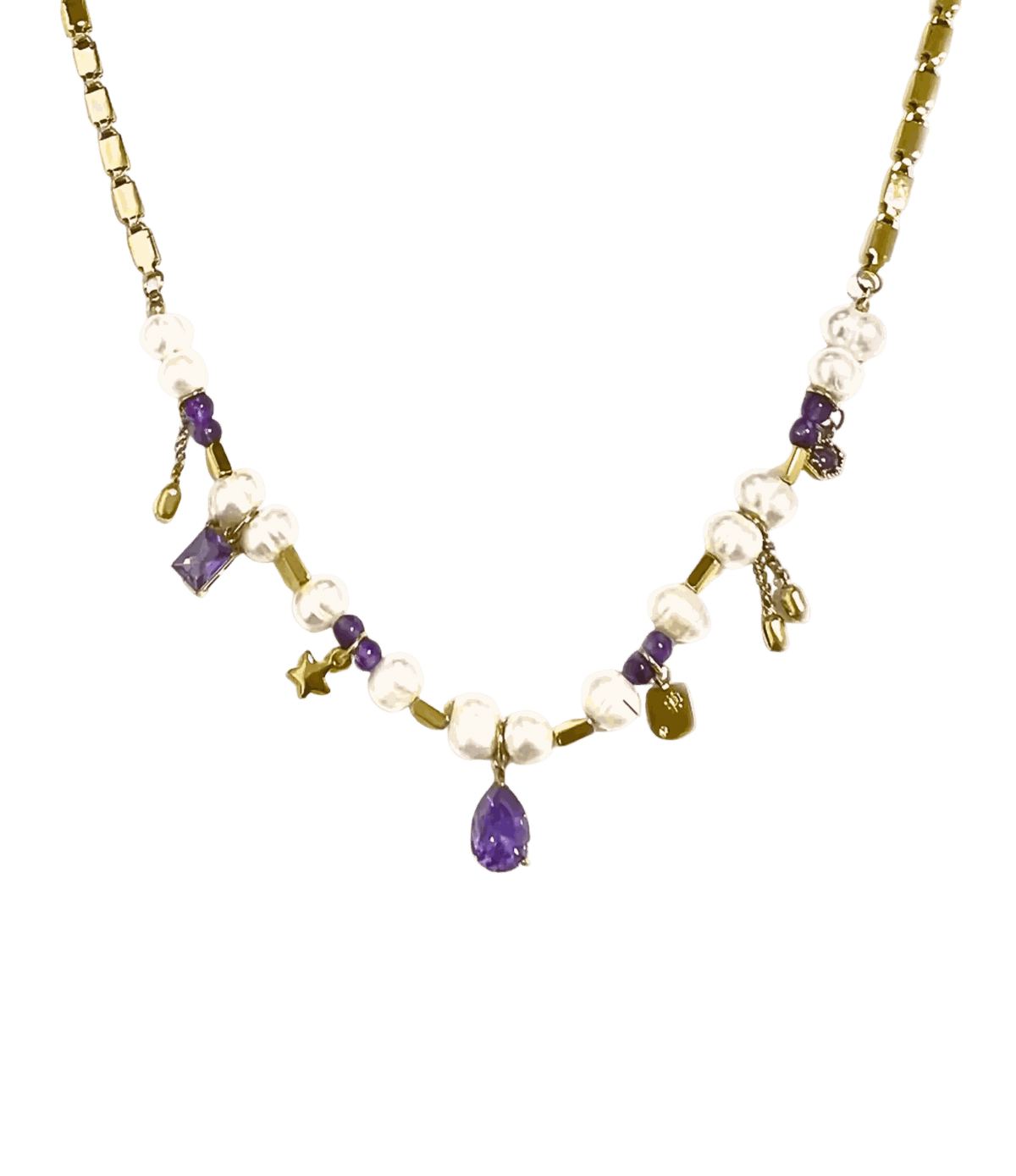 SERAPHINA NECKLACE, gold-tone chain with white beads, purple gemstones and playful dangling charms