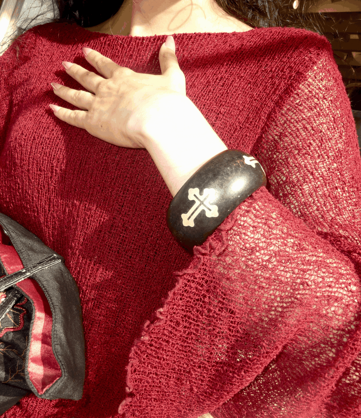 SIENNA WOOD BANGLE in dark auburn wood, a chunky bracelet with a contrasting engraved cross detail
