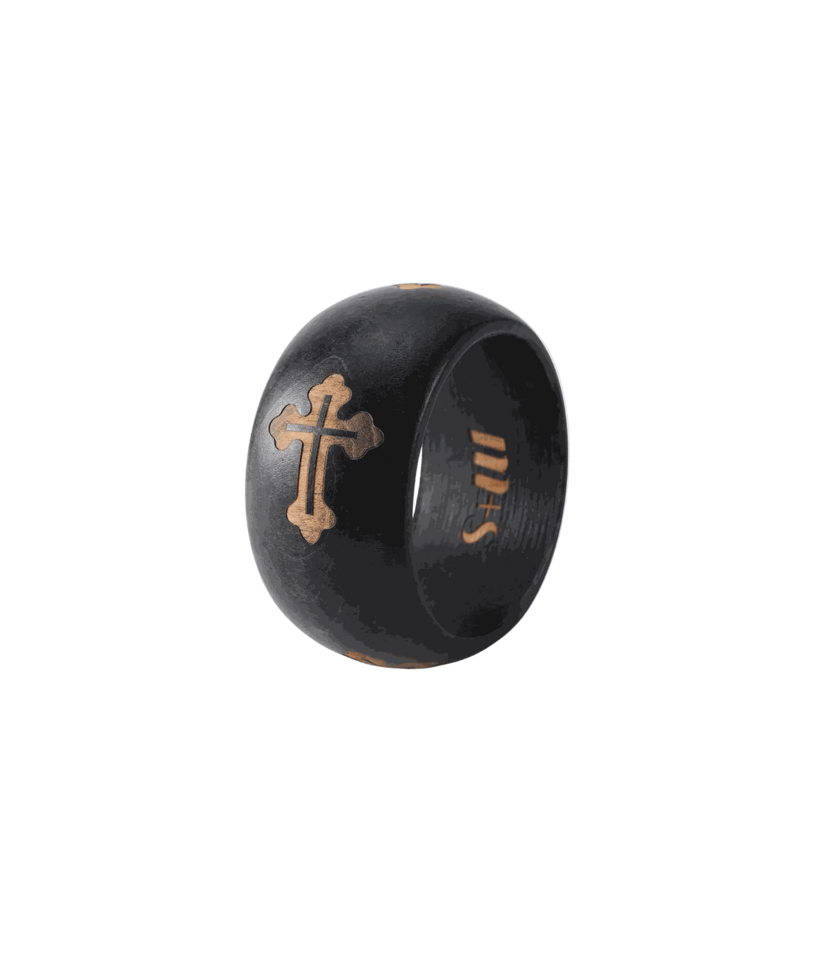 Sienna Wood Bangle in black wood, with a chunky rounded shape and a contrasting engraved tan cross detail.