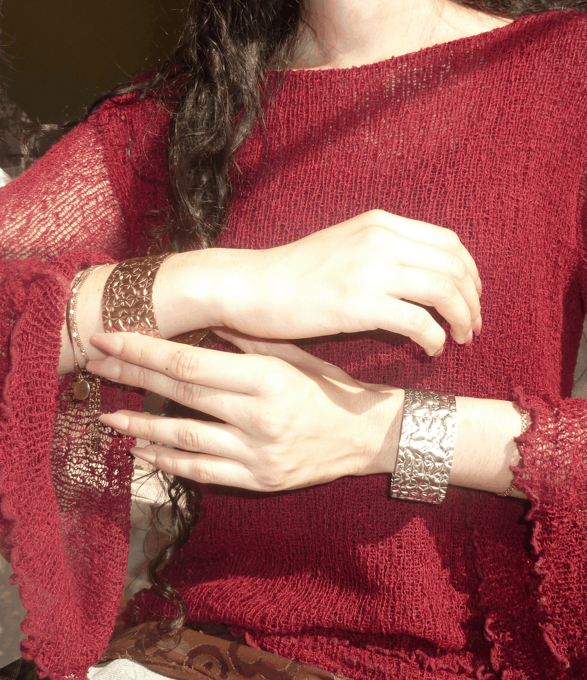 Soleil Bangle - Stainless steel bangle in silver-tone metal with a crinkled, textured finish and open cuff design