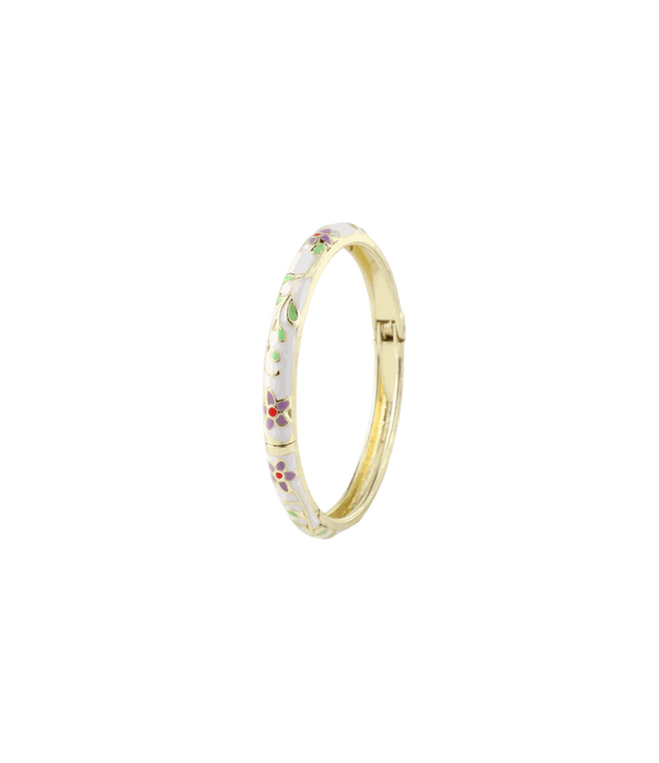 White enamel SOLENE BANGLE IN WHITE with a gold-tone metal finish and delicate multicoloured floral details.