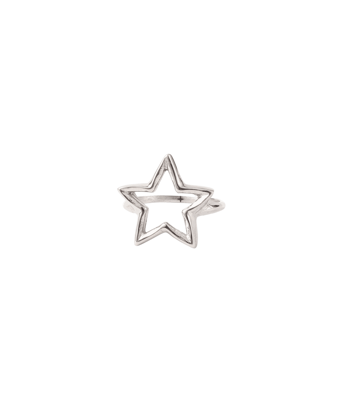 Silver stainless steel ring with a polished open star design and sculptural shape; CHERRY ITALIAN CHARM BRACELET-style detail.