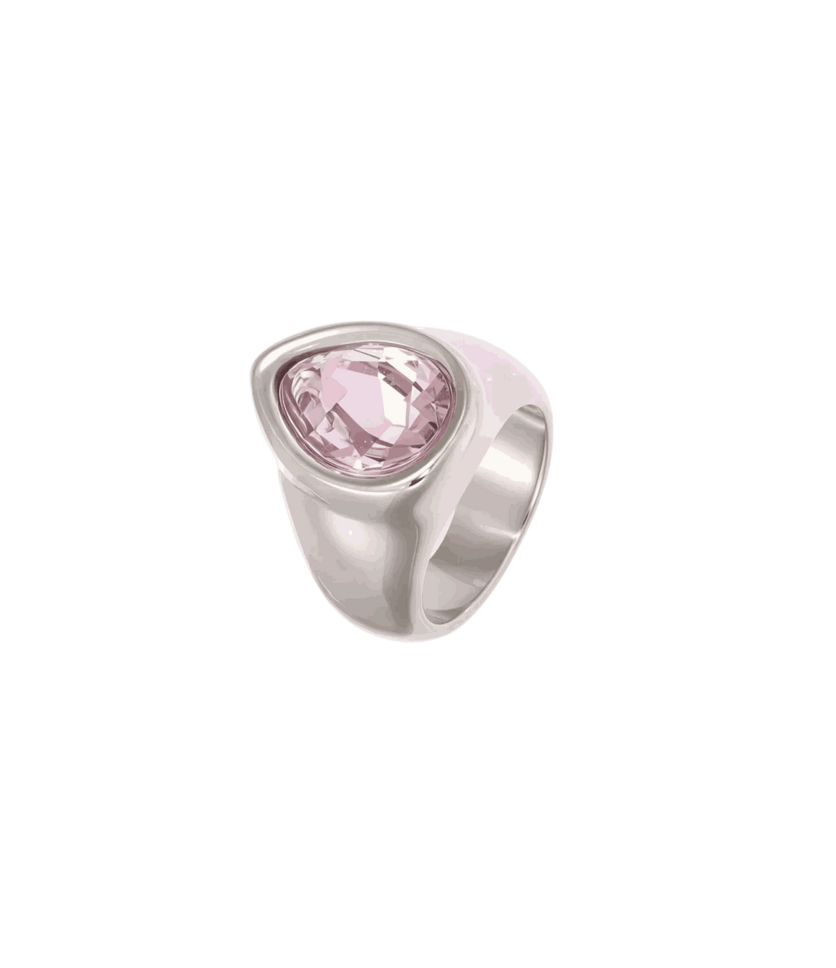Teardrop Ring in Pink with a chunky polished silver-tone band and a faceted pale pink teardrop stone