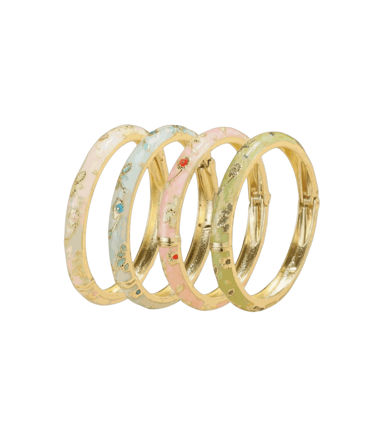THE FAIRY BANGLE SET features four gold-tone enamel bangles in white, blue, pink and green with delicate floral motifs.