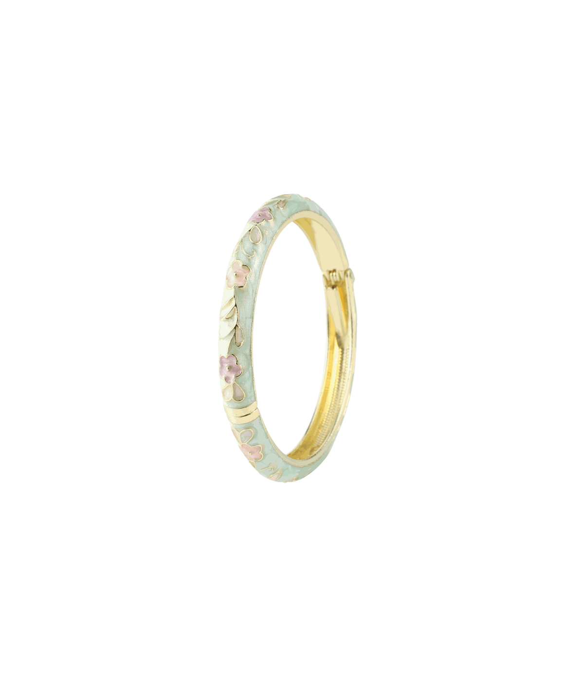 Enamel bangle with a pale mint-green floral pattern, gold-tone metal interior and clasp, TILDA BANGLE IN BLUE.