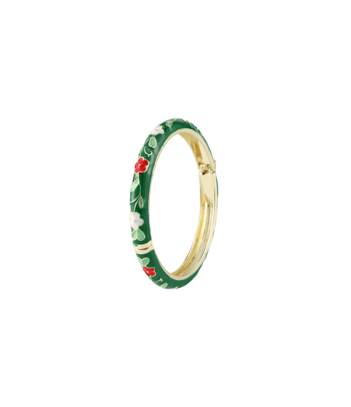 TILDA BANGLE IN DARK GREEN, a slim gold-tone bangle with glossy green enamel and small red and white floral motifs.