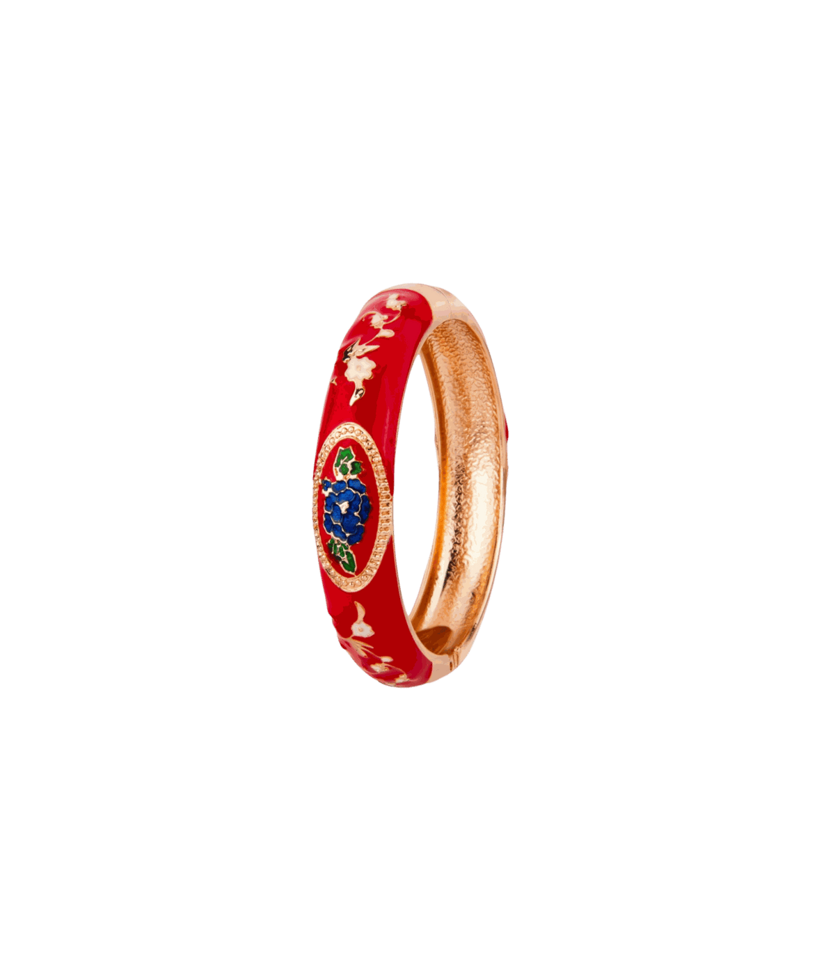 Venice Enamel Bangle in Red - Chinese cloisonné bangle, red enamel with floral motifs and gold-toned edges