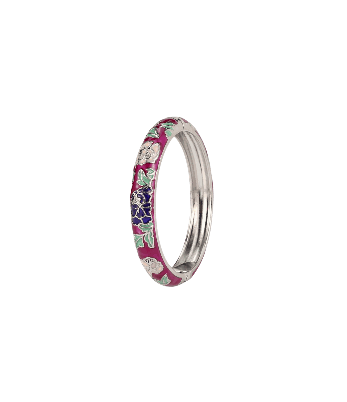 VIENNA ENAMEL BANGLE in silver-tone metal with vivid magenta and purple floral enamel detailing and a polished inner band
