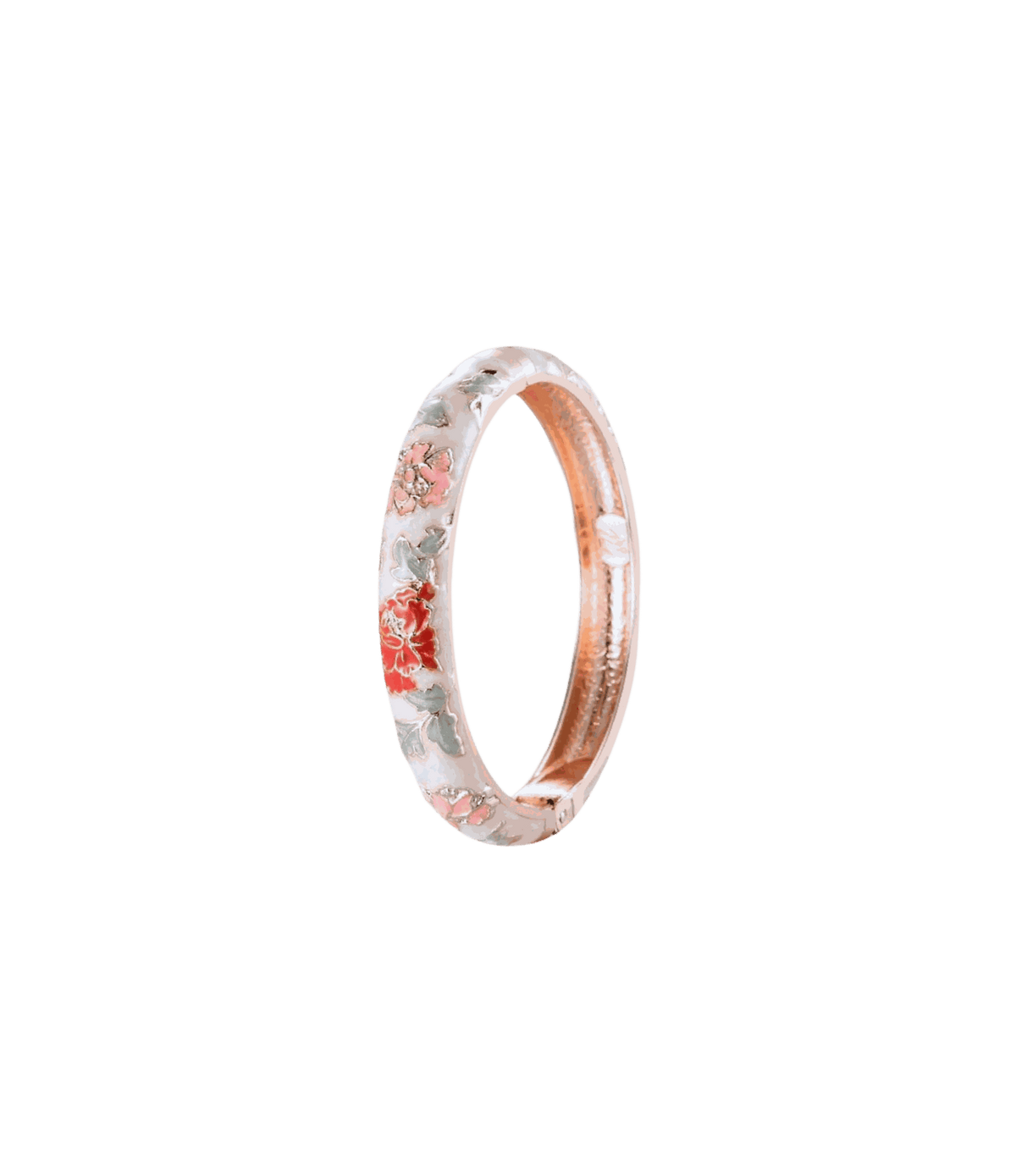 VIENNA ENAMEL BANGLE with a slim white enamel band, red and pink floral motifs, and rose-gold-toned metal edging.