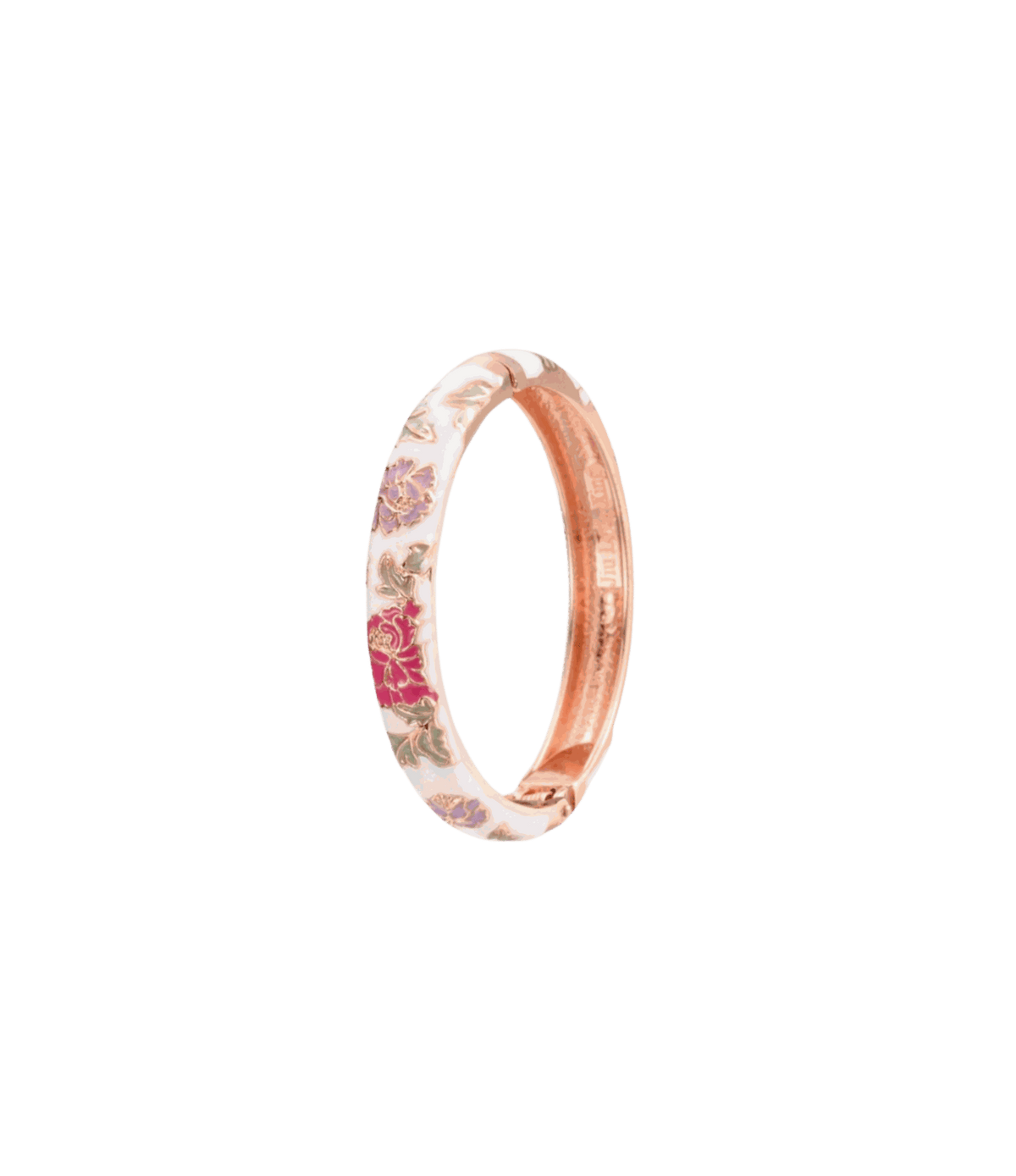 VIENNA ENAMEL BANGLE with a white enamel finish, delicate pink and purple floral pattern, and rose-gold-toned metal edges.