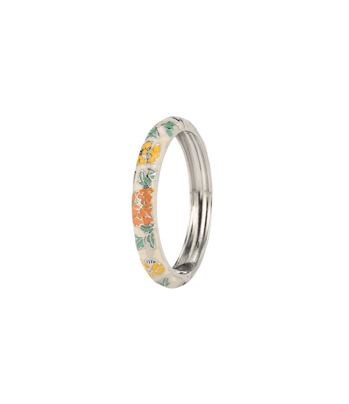 Vienna Enamel Bangle Vivid in Beige - Chinese cloisonné bangle with pale beige enamel, orange and yellow floral motifs, and a silver-tone interior