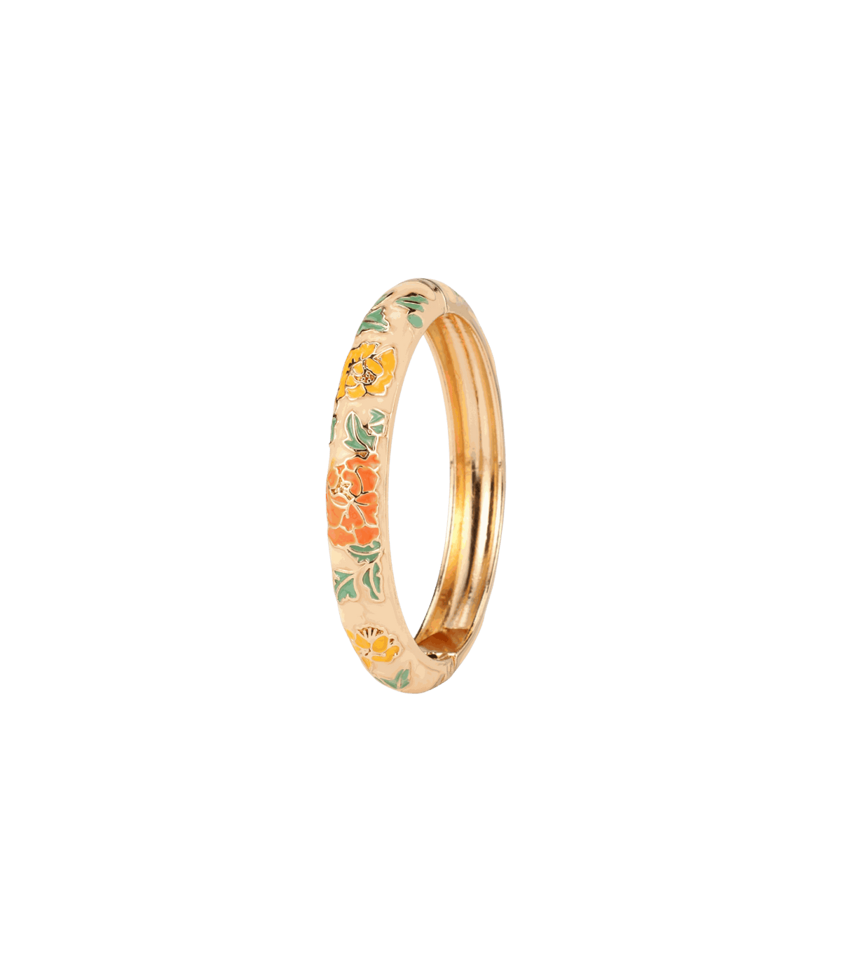 Vienna Enamel Bangle Vivid in Beige - Chinese cloisonné bangle with a gold-tone finish, pale beige enamel and orange floral details