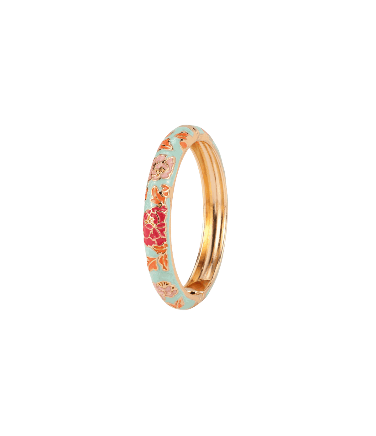Vienna Enamel Bangle Vivid in Light Green - Chinese cloisonné bangle with pale green enamel, gold-tone edges and colourful floral motifs.