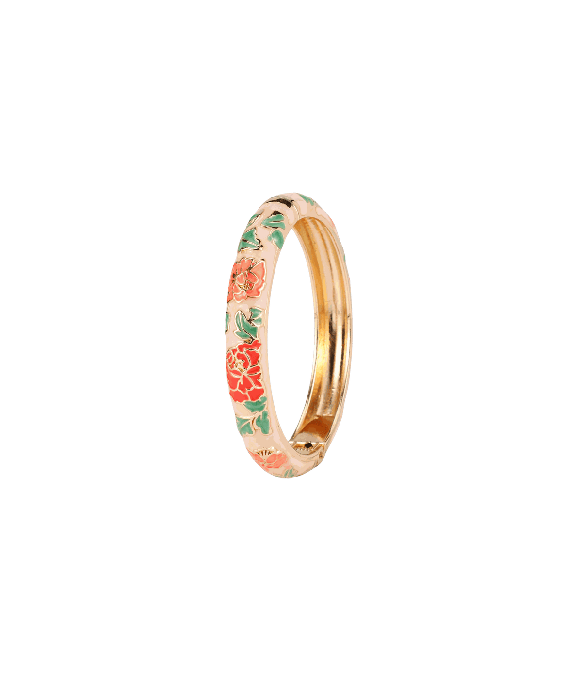 Vienna Enamel Bangle Vivid in Nude - Chinese cloisonné bangle, gold-tone with pale enamel and red floral detailing