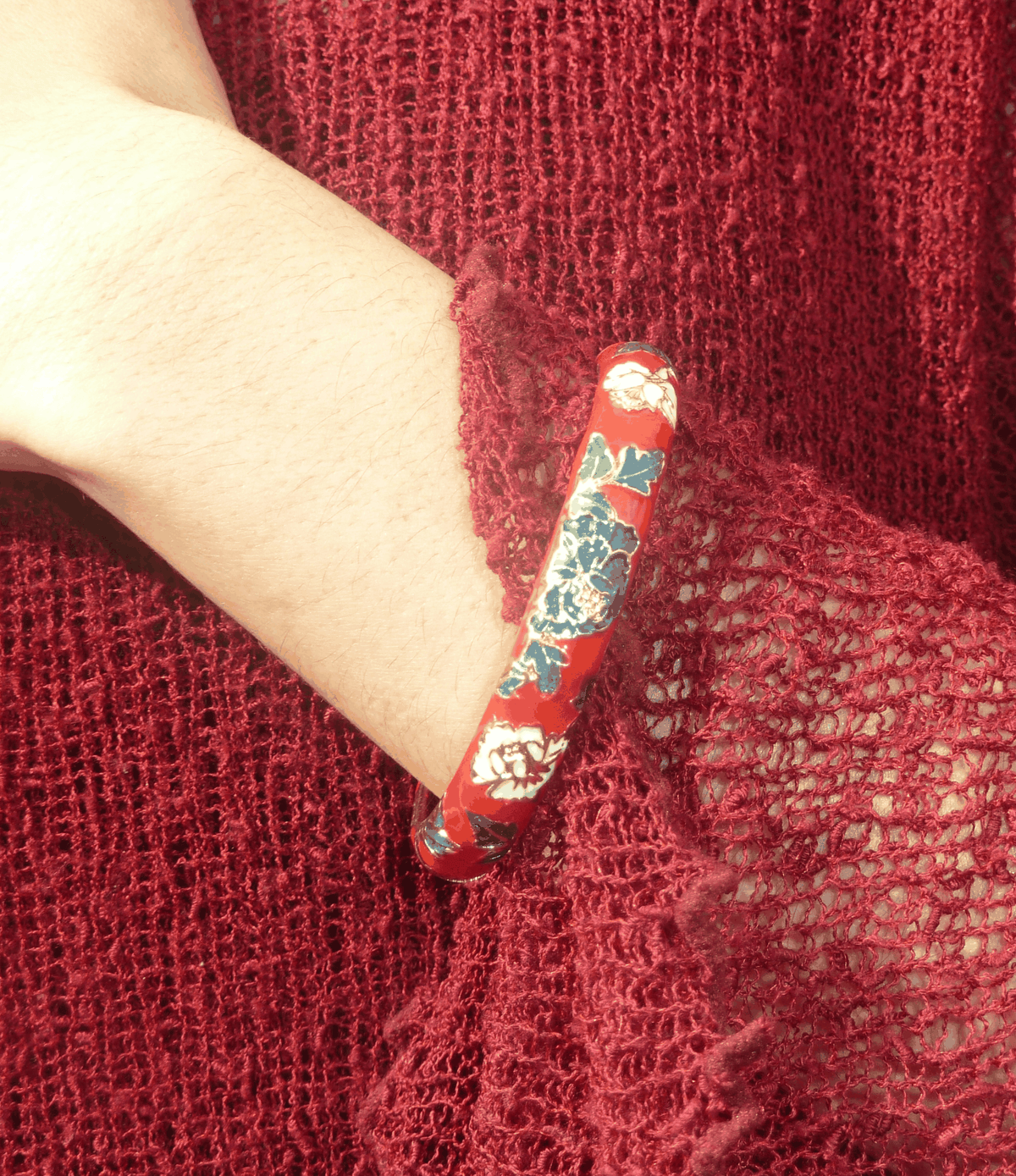 Vienna Enamel Bangle Vivid in Red - Chinese cloisonné bangle, glossy red enamel with intricate gold-tone floral details