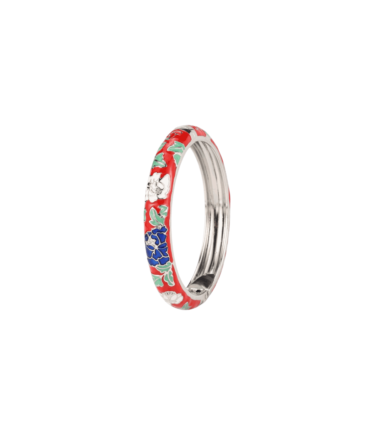 Vienna Enamel Bangle Vivid in Red - Chinese cloisonné bangle with glossy red enamel, floral motifs and silver-tone edges