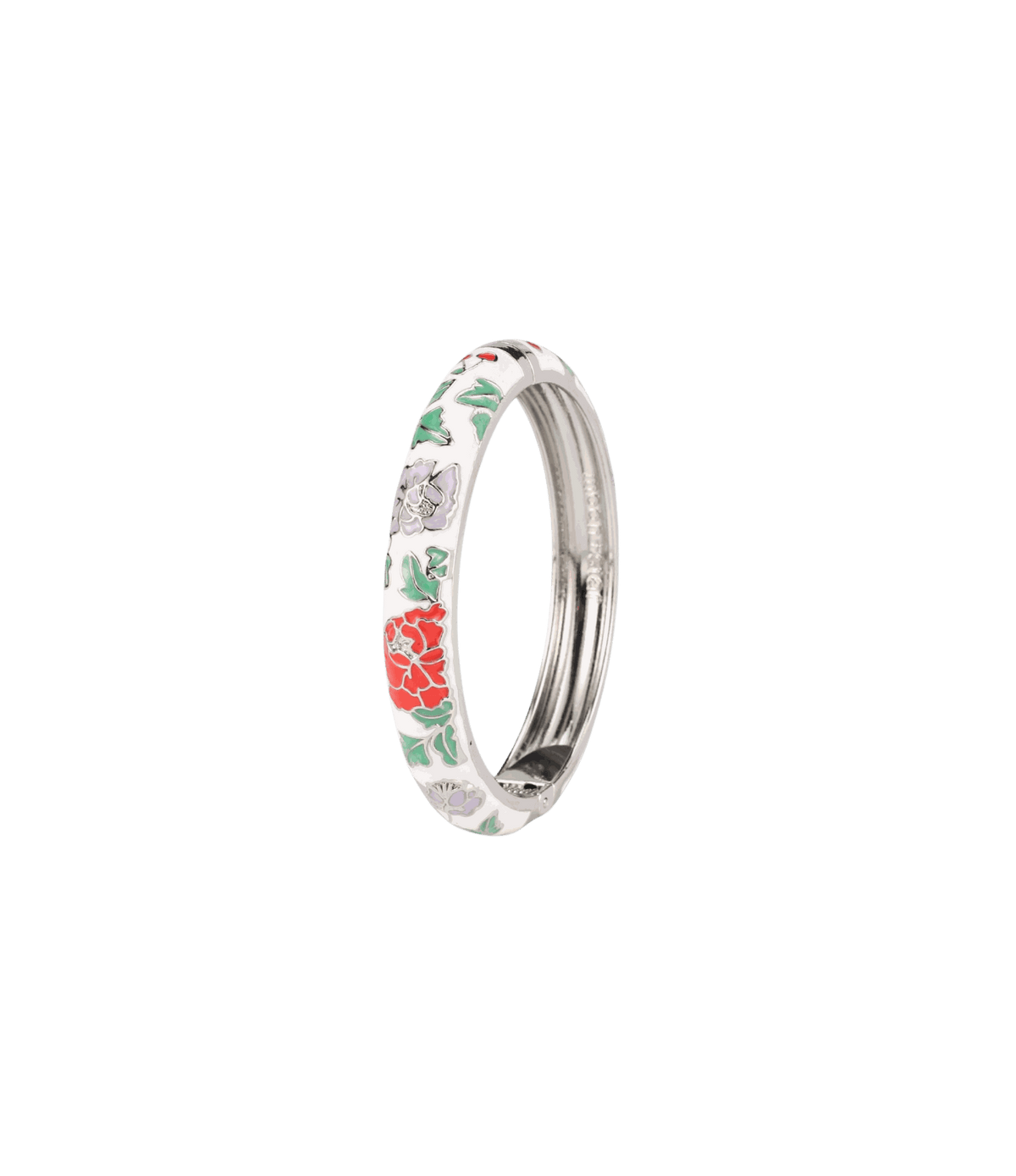 Vienna Enamel Bangle Vivid in White - Chinese cloisonné bangle with white enamel, silver-tone edge and red floral accents