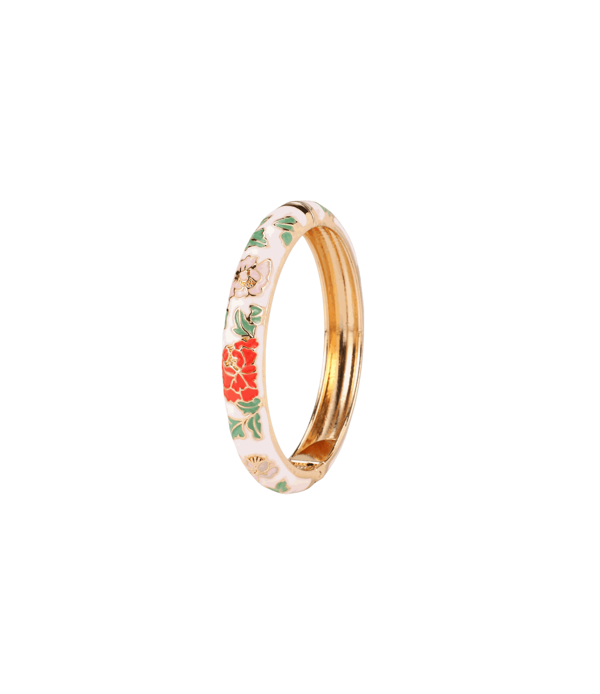 Vienna Enamel Bangle Vivid in White - Chinese cloisonné bangle with white enamel, gold-tone edges and vivid red floral detailing