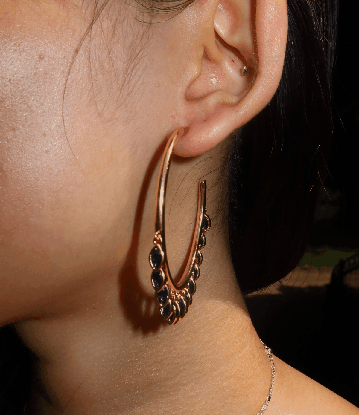 Vivian Earrings In Blue - 18ct Gold Plated Chunky hoop earrings with dangle details, gold-tone hoops with dark blue drops
