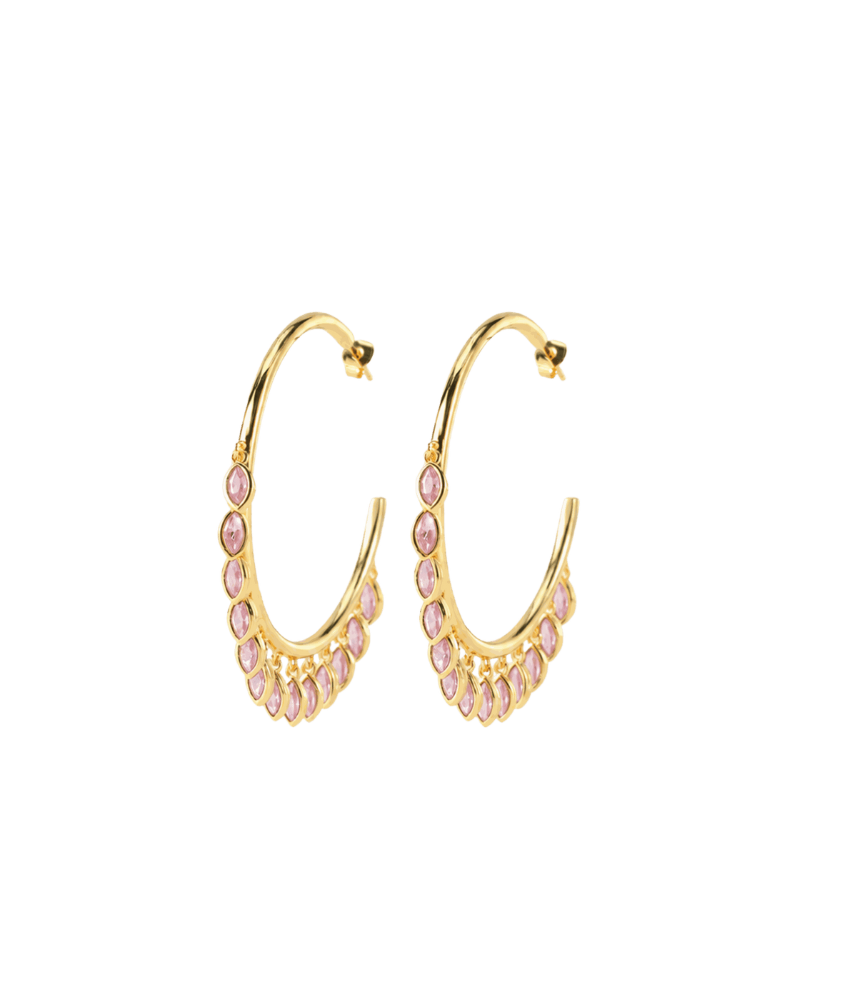 VIVIAN EARRINGS IN PINK, oversized gold-tone hoop earrings with rows of pink teardrop-shaped stones along the lower edges.