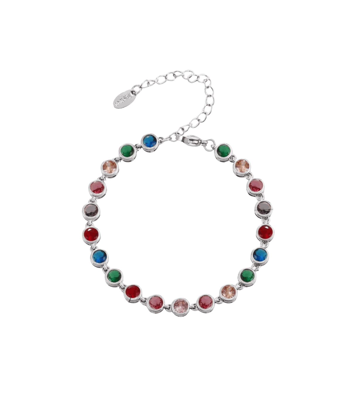 VIVIAN TENNIS BRACELET in silver-tone metal with a single row of multicoloured round stones and an adjustable chain clasp