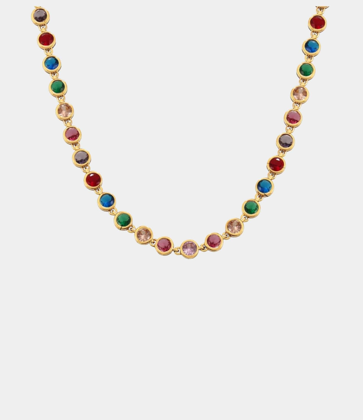 VIVIAN TENNIS NECKLACE in gold-tone metal, featuring a curved row of round multicolour stones in bezel settings.