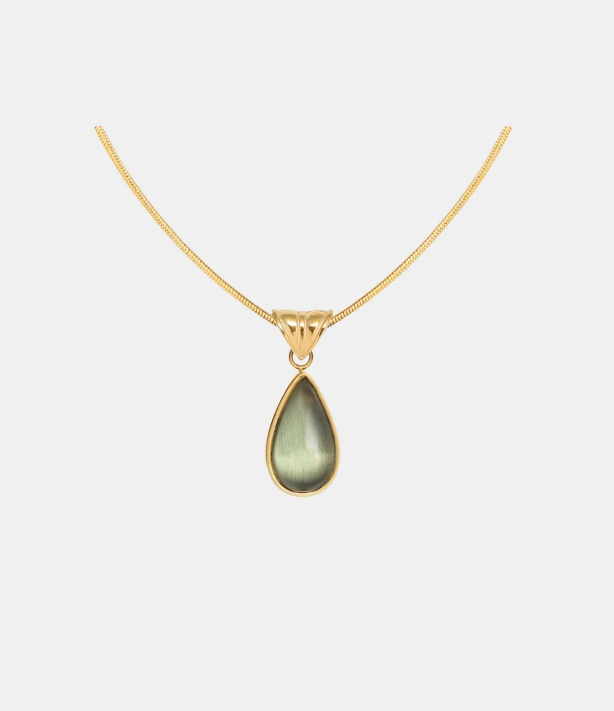 WATER DROP NECKLACE in gold-tone metal, featuring a smooth teardrop-shaped pendant with a muted green center.