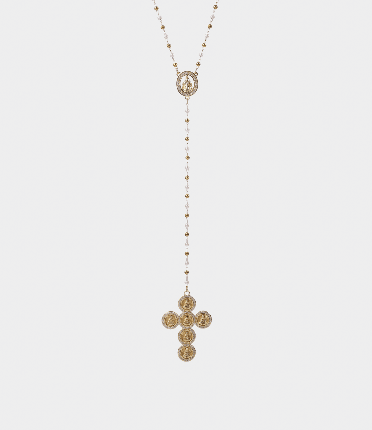 Zofia Y Necklace - Lariat Y Necklace - 18ct gold plated brass and pearl necklace with a fine gold-tone chain, oval link and ornate cross pendant
