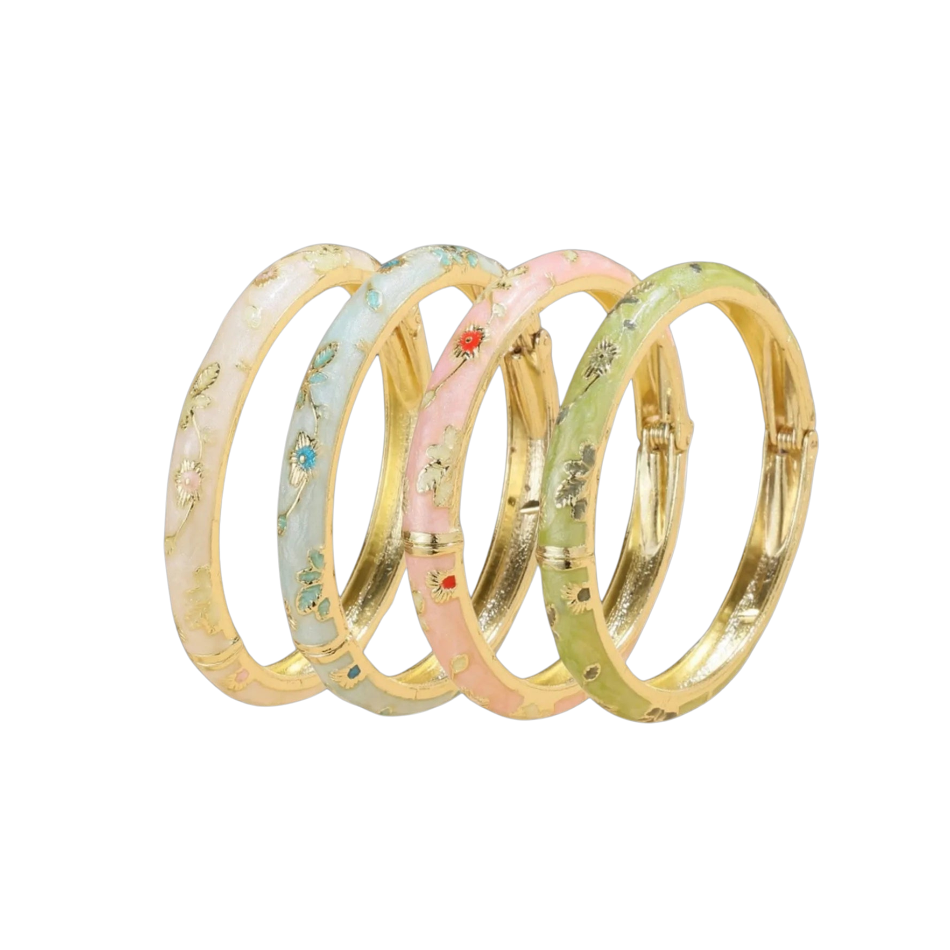 SETS of four gold-tone bangles with pastel pink, blue, yellow and green floral enamel patterns and hinged clasps.