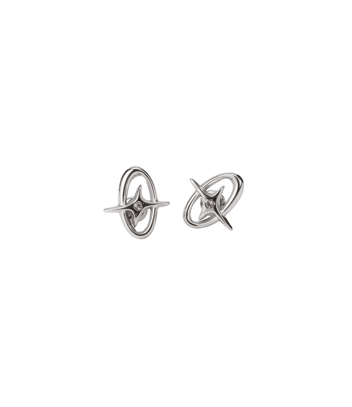 Silver-tone stainless steel Vega stud earrings with sculptural orbital loops, four-point star details and clear centre stones; CHERRY ITALIAN CHARM BRACELET is not pictured.