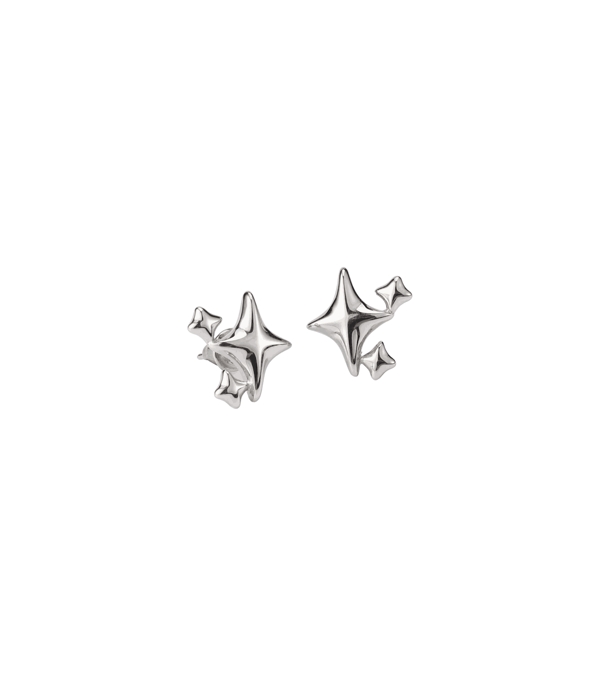 Sculptural silver-tone stainless steel star cluster earrings with polished four-point stars; CHERRY ITALIAN CHARM BRACELET.