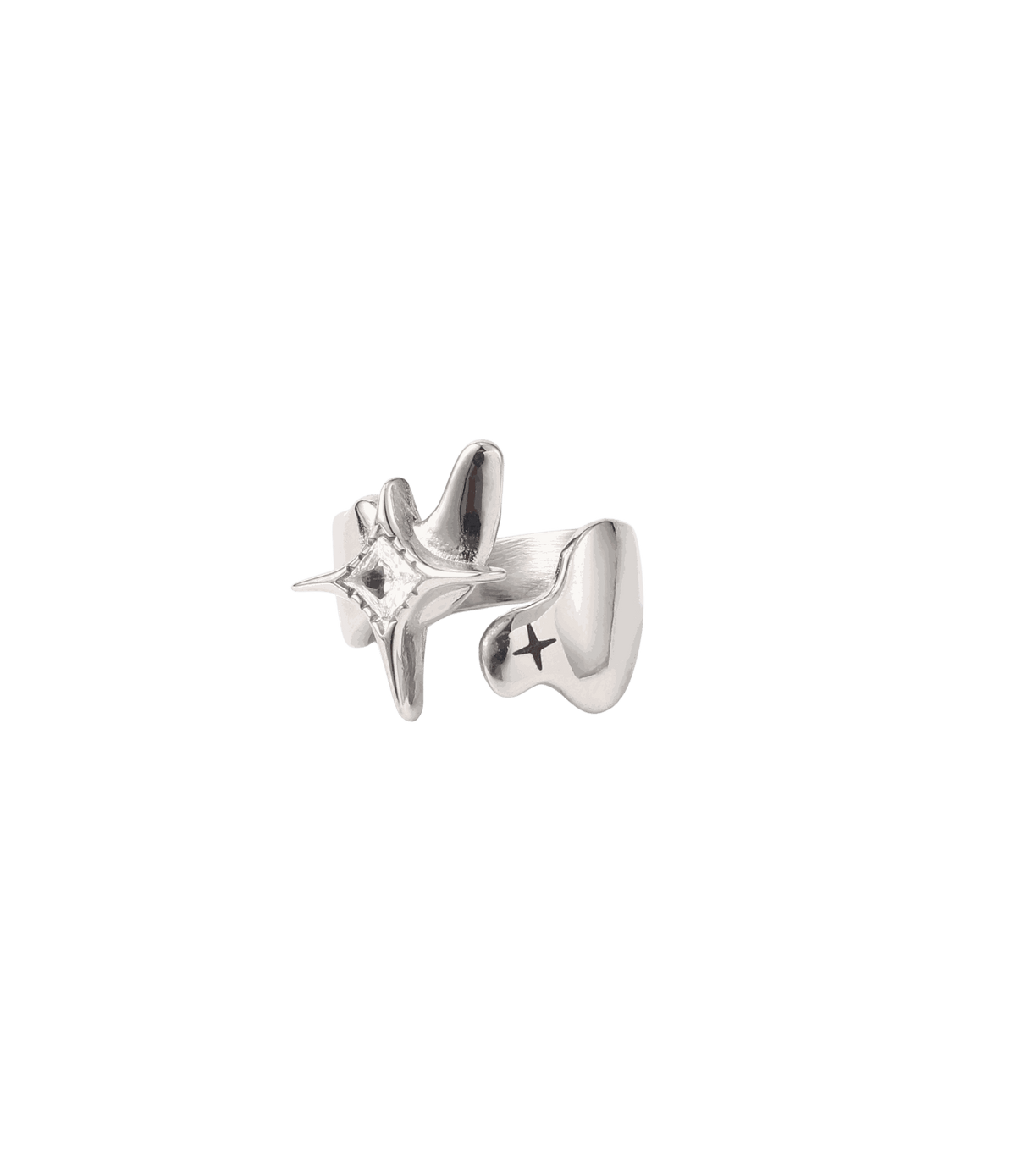 Silver stainless steel ring with a sculptural asymmetric form, set stone and engraved star, unlike a CHERRY ITALIAN CHARM BRACELET.
