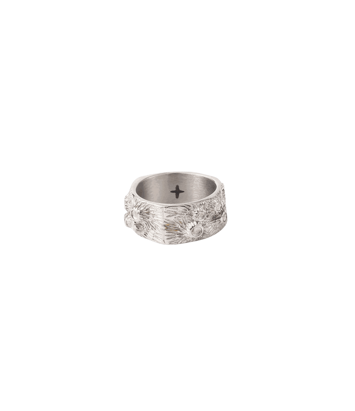 Wide silver stainless steel ring with irregular textured openwork detailing; CHERRY ITALIAN CHARM BRACELET keyword included.
