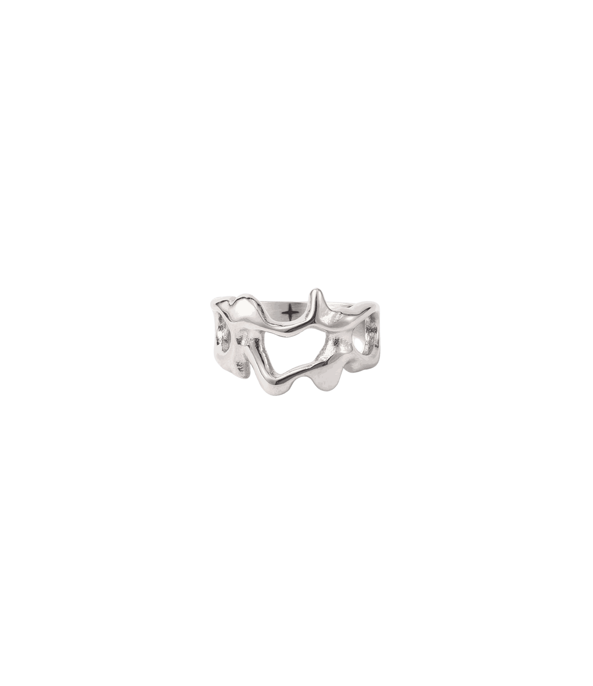 Sculptural silver stainless steel ring with a polished wide band and irregular openwork; CHERRY ITALIAN CHARM BRACELET style.