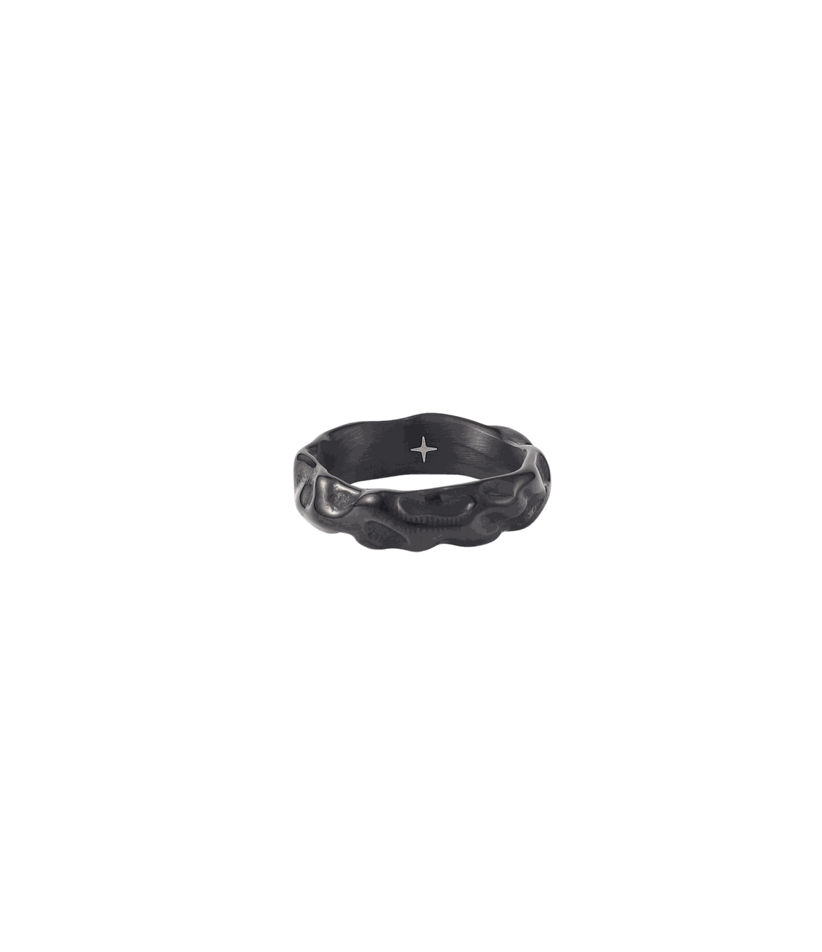 Chunky black stainless steel Torek ring with an irregular sculptural texture; CHERRY ITALIAN CHARM BRACELET keyword included.