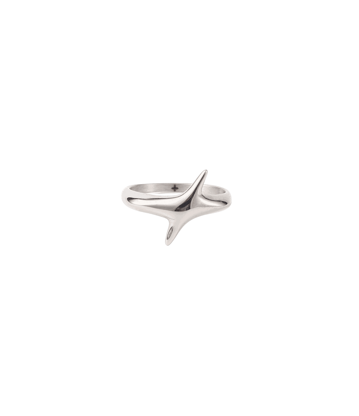 Sculptural silver-tone ring with a polished, fluid asymmetric star shape; CHERRY ITALIAN CHARM BRACELET keyword included.
