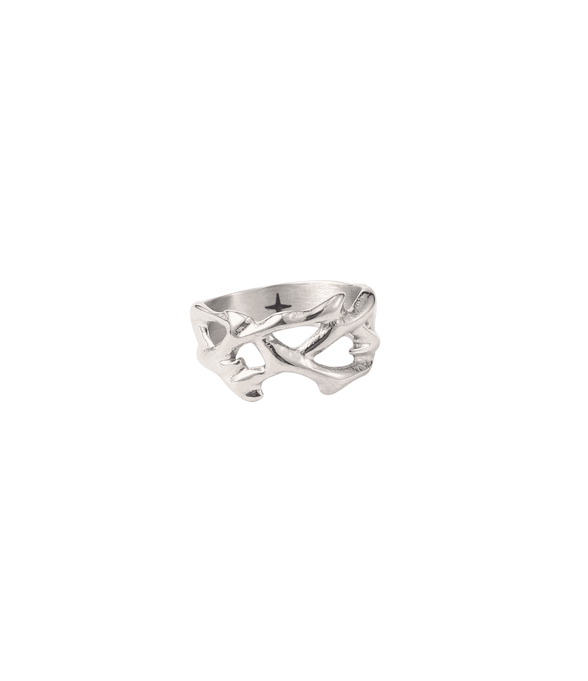 Silver stainless steel Riven ring with polished, sculptural openwork vines; CHERRY ITALIAN CHARM BRACELET is unrelated.
