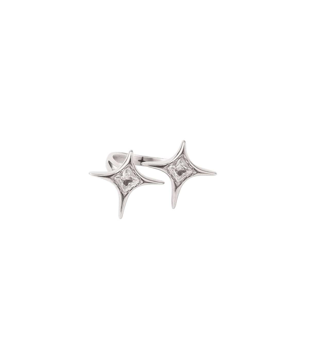 Open silver-tone ring with two sculptural star motifs and sparkling clear stones; CHERRY ITALIAN CHARM BRACELET style keyword included.