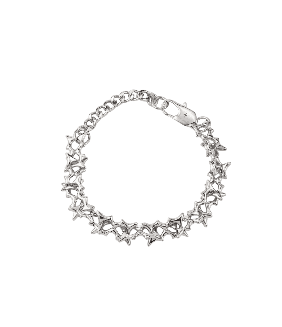 Silver stainless steel CHERRY ITALIAN CHARM BRACELET with polished, repeating sculptural links featuring sharp thorn-like detailing.