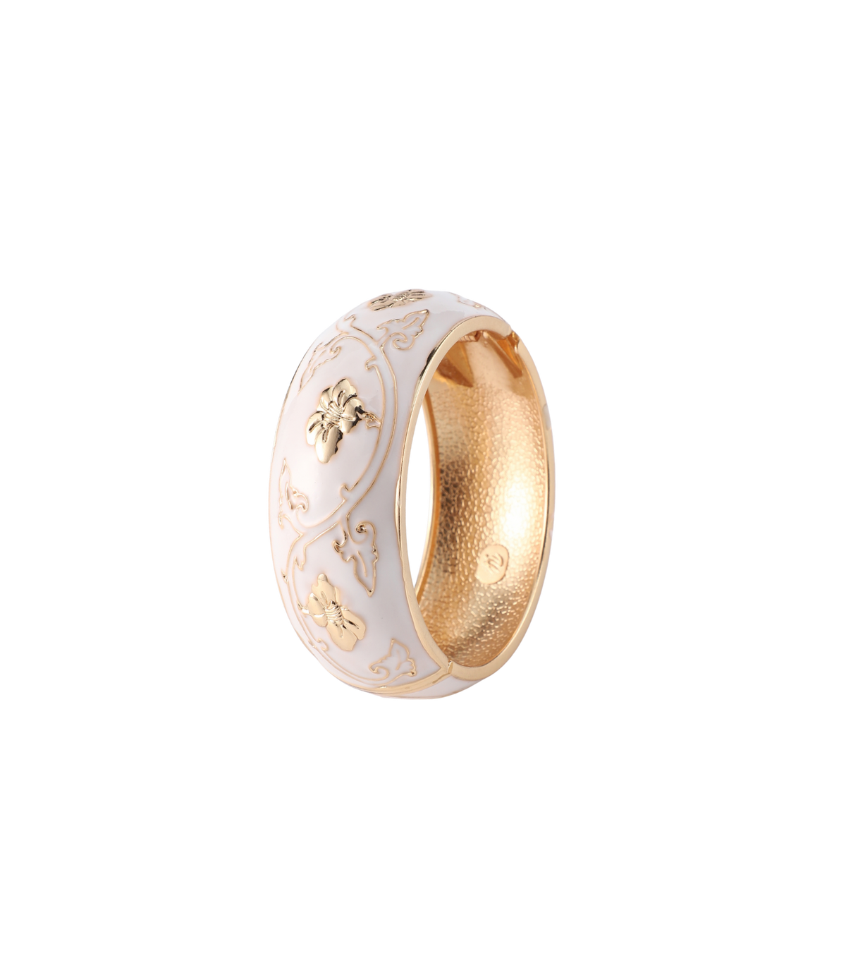 A gold bangle with a white enamel outer surface featuring embossed floral and vine motifs, shown on a plain white background.