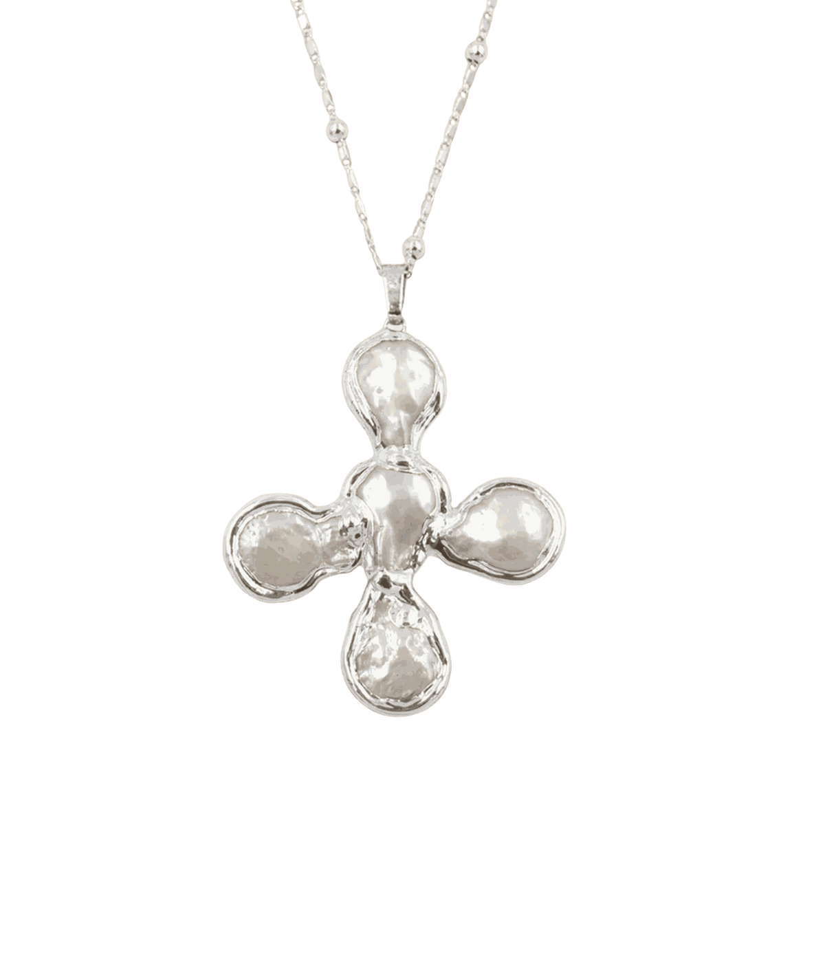 A silver cross pendant necklace featuring four teardrop-shaped white pearls set in a silver cross, suspended from a delicate silver chain against a plain white background.