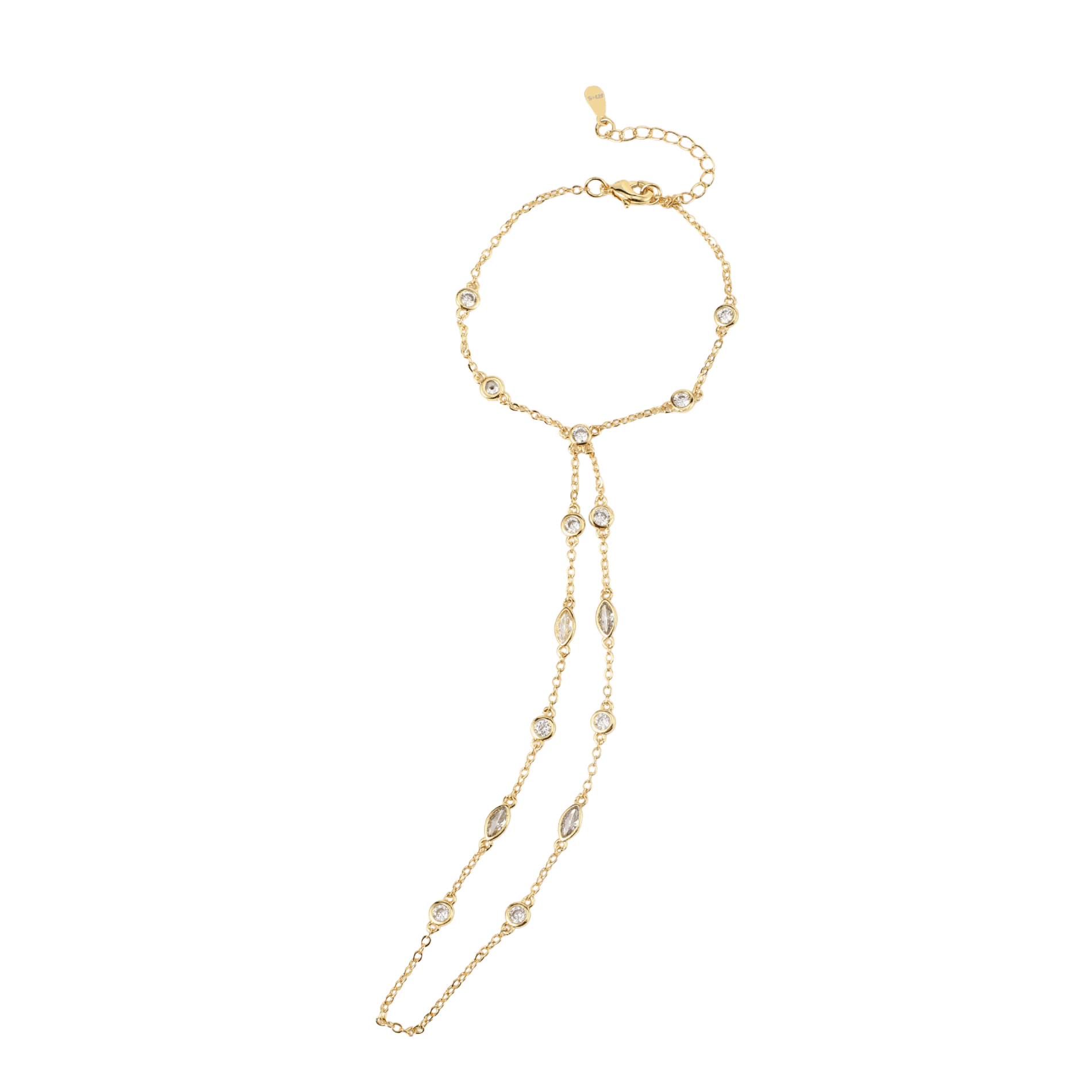 Aaliyah Hand Chain in gold-tone delicate metal links, with a wrist loop, finger chain and small clear stones