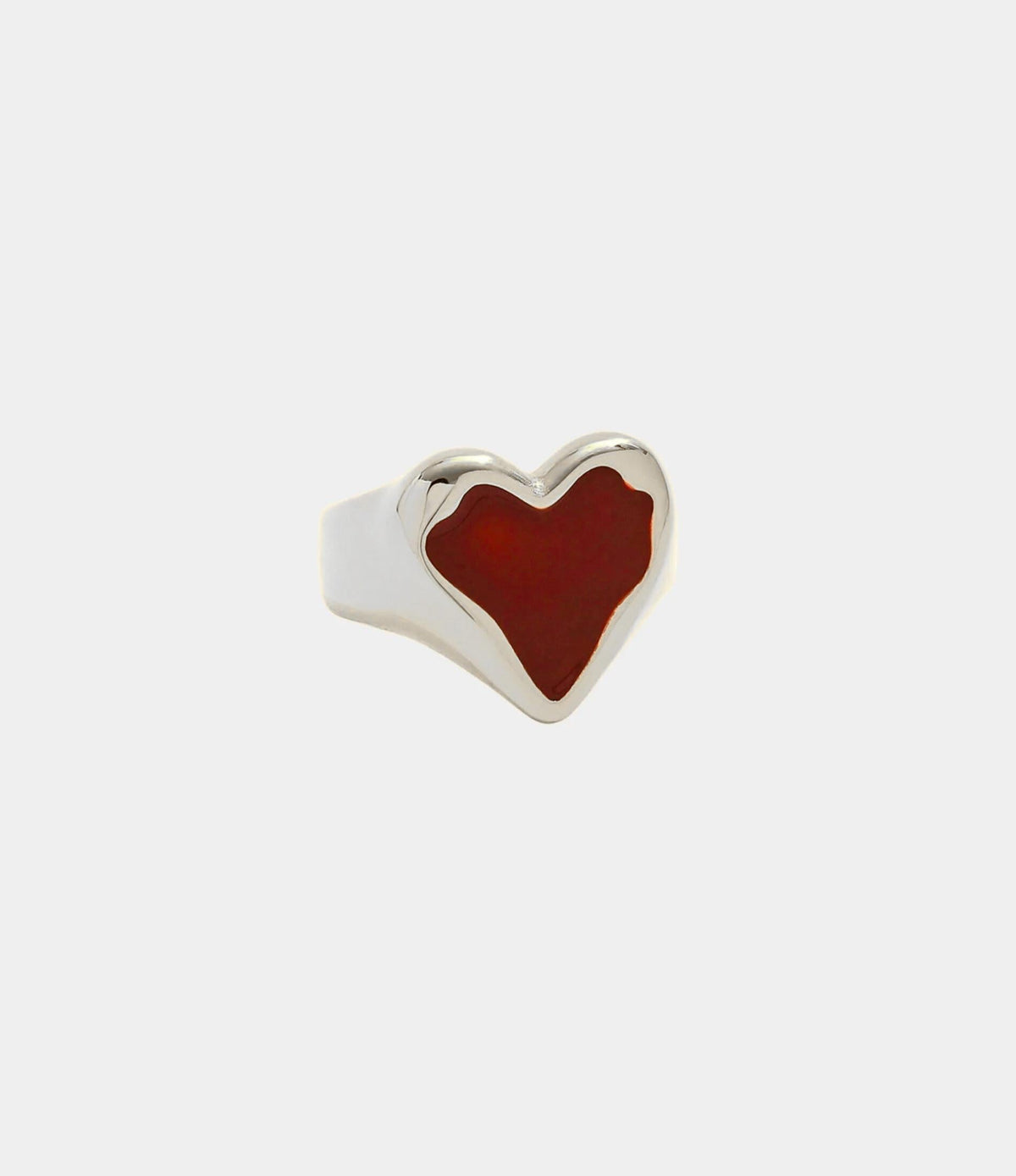 ACE OF HEARTS RING with a bold red heart-shaped face and polished silver-tone band, crafted from PVD-plated stainless steel.
