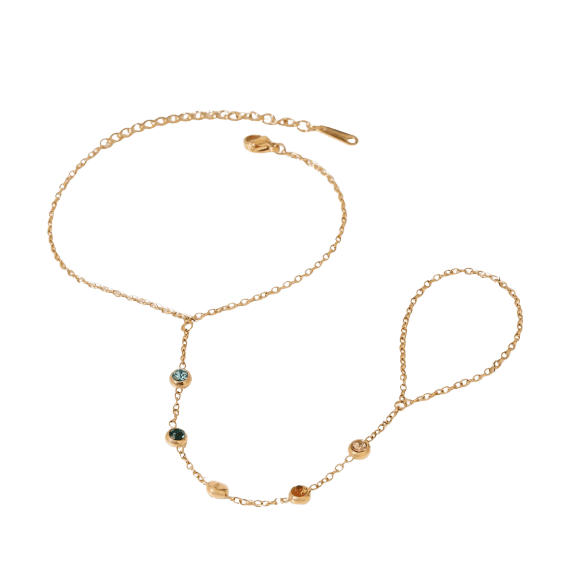 ADA BRACELET gold-tone metal hand-chain bracelet with delicate linked chain and small multicoloured stones, connecting to a finger ring.