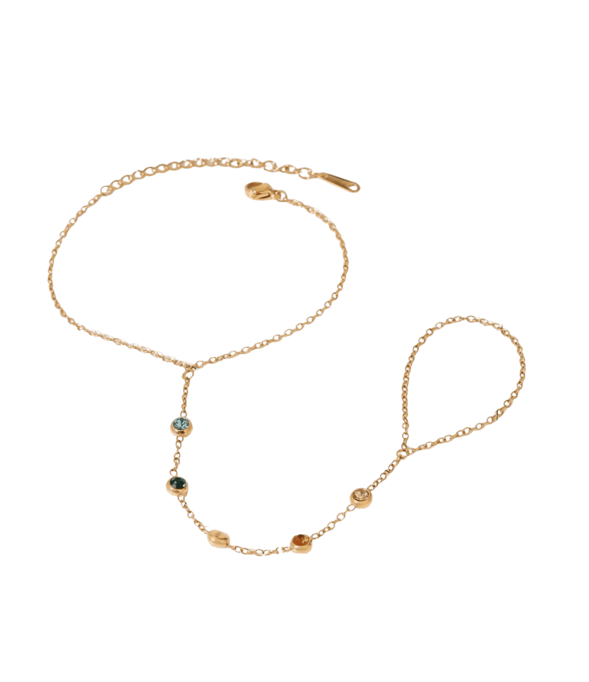ADA BRACELET gold-tone metal hand-chain bracelet with delicate linked chain and small multicoloured stones, connecting to a finger ring.