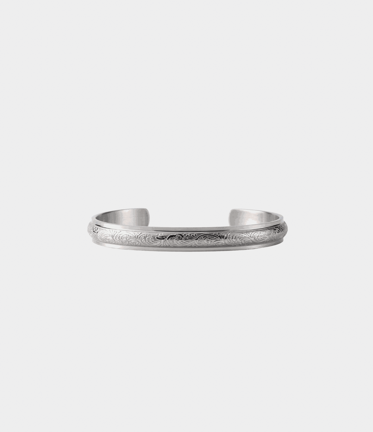 Open cuff bangle, Adeline Bangle - Stainless steel bangle, in silver-tone metal with an engraved scroll pattern and smooth edges.