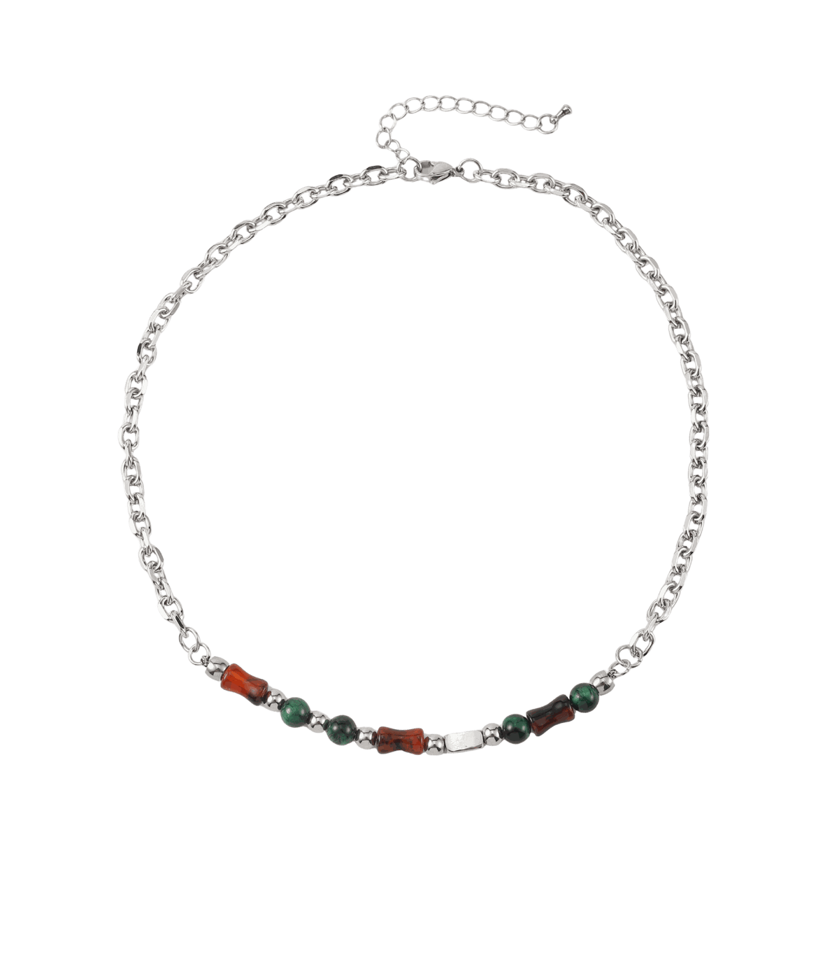 Beaded necklace, Alder Necklace - Men’s Silver Agate Beaded Necklace, with a silver chain and dark green and amber stones