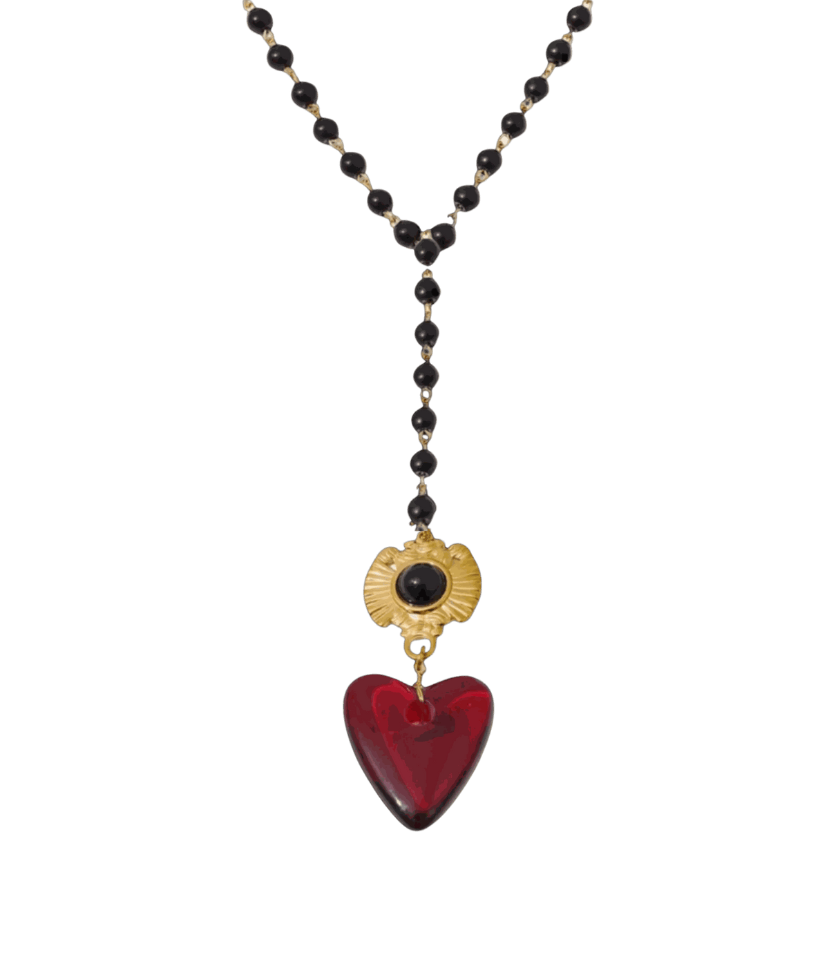ALLURE LARIAT NECKLACE with glossy black beads, a gold flower-shaped connector and deep red heart pendant