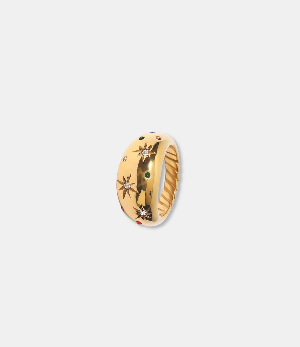 Arabella Ring is a chunky gold-tone band with a polished finish, colorful accents and raised starburst details.