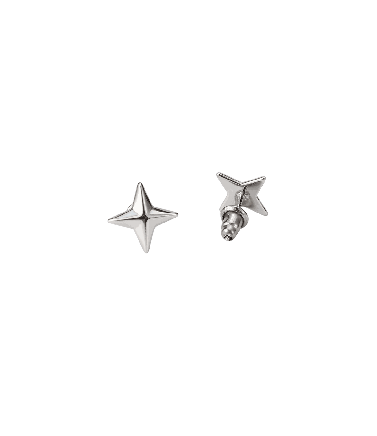 Star stud earrings in silver stainless steel with a sculptural four-point design; Astra Earrings - Silver Stainless Steel Star Stud Earrings